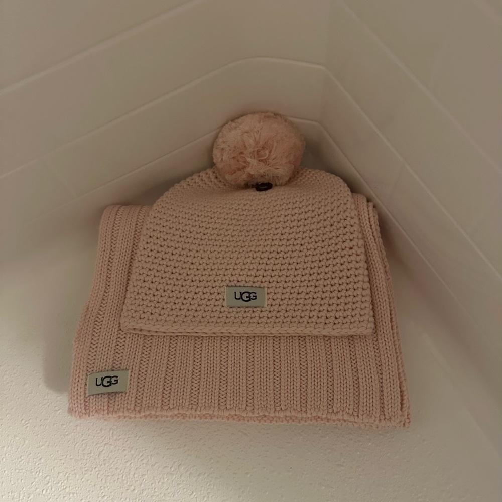 UGG Women’s Soft Pink Knit Beanie and Scarf Set